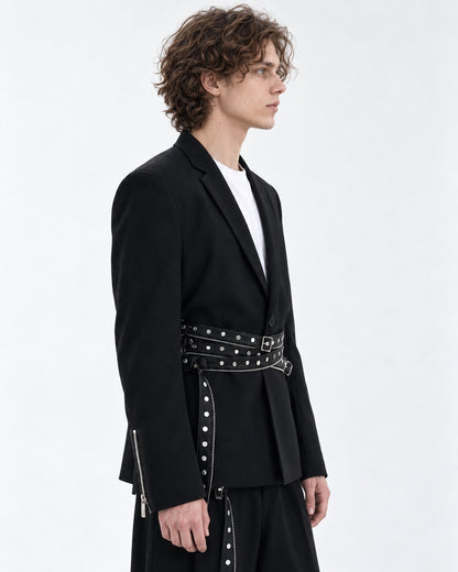 Black Rivet Strap Blazer Jacket and Pants Set-Up