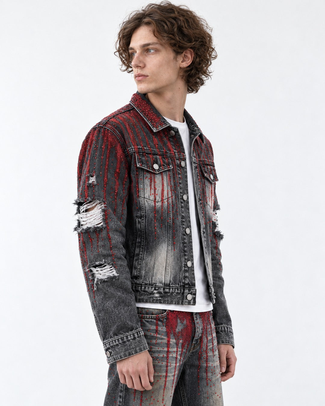 Hand-Painted Blood Rhinestone Denim Jacket and Pants Set-Up
