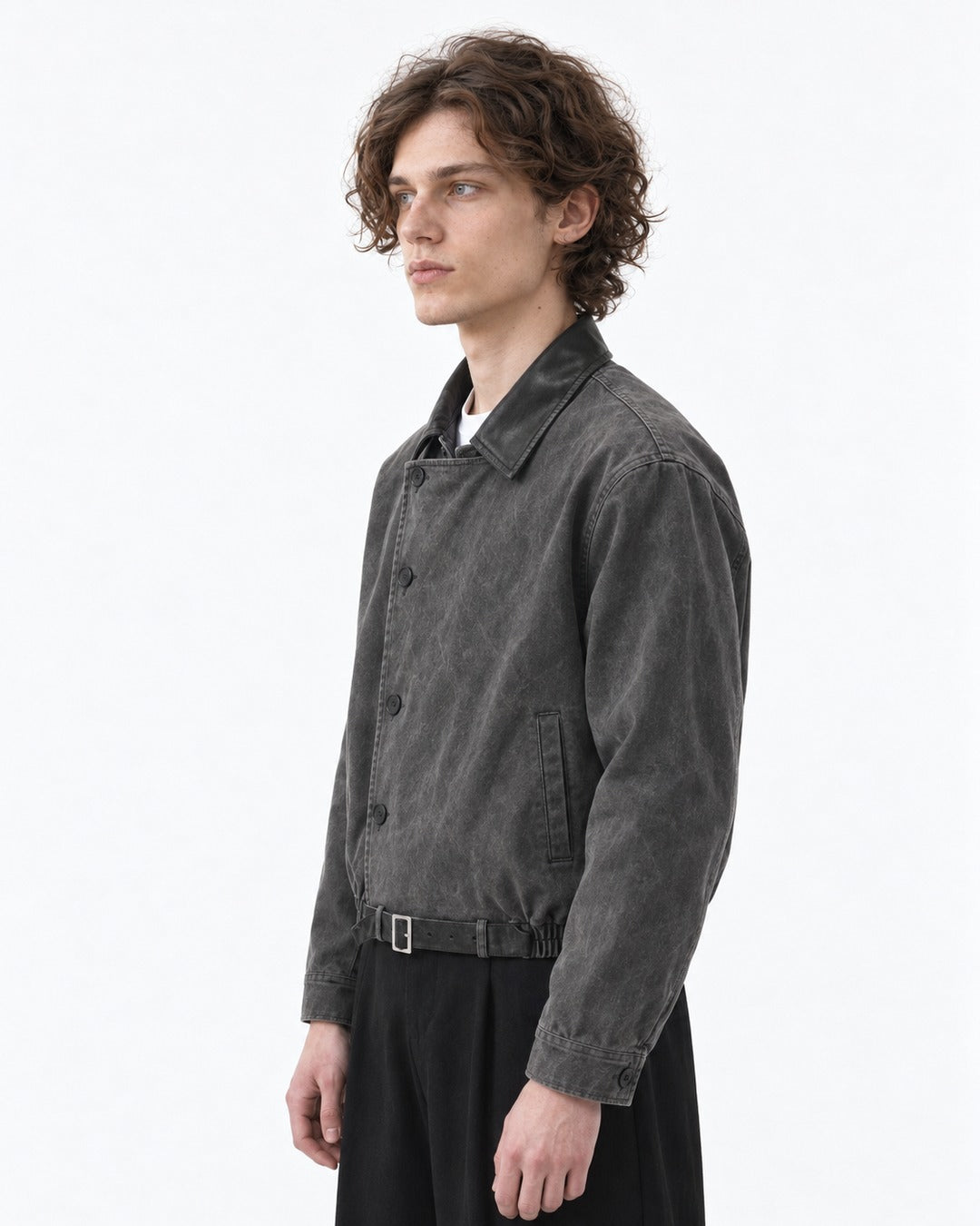 Diagonal Button Jacket with Contrast Collar