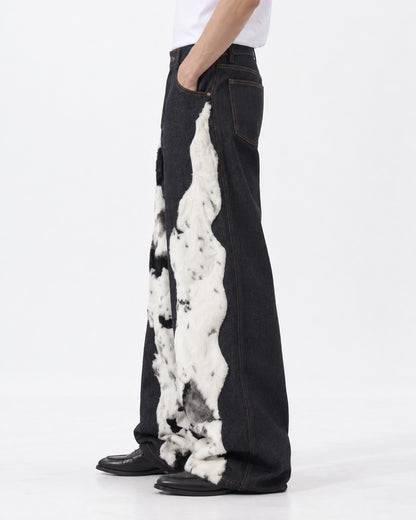 Cow Pattern Patchwork Denim Pants