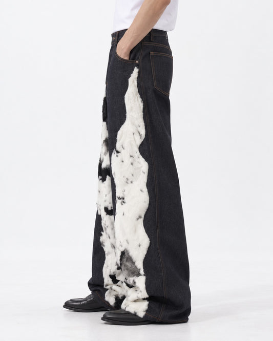 Cow Pattern Patchwork Denim Pants