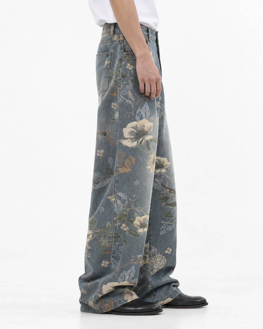 Floral Print Washed Wide-Leg Jeans