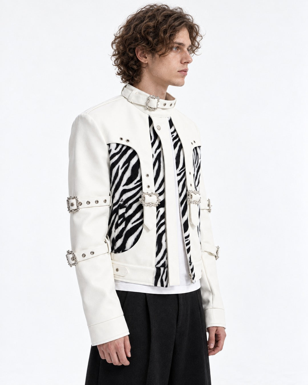 Faux Zebra Print Fur Patchwork Leather Jacket