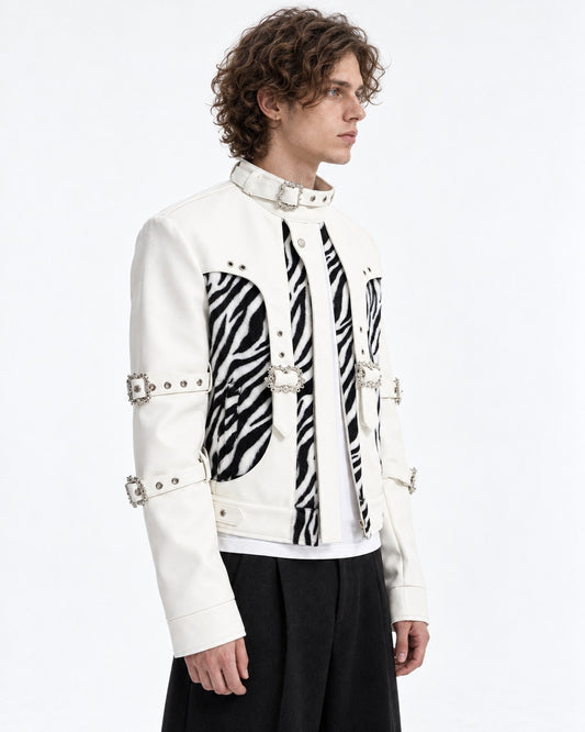 Faux Zebra Print Fur Patchwork Leather Jacket