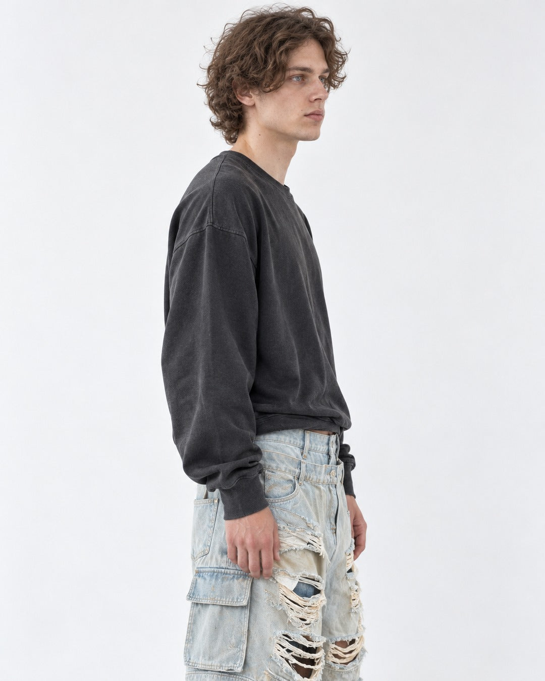 Double-Waist Shredded Denim Shorts