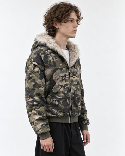 Camouflage Fur-Lined Hooded Bomber Jacket