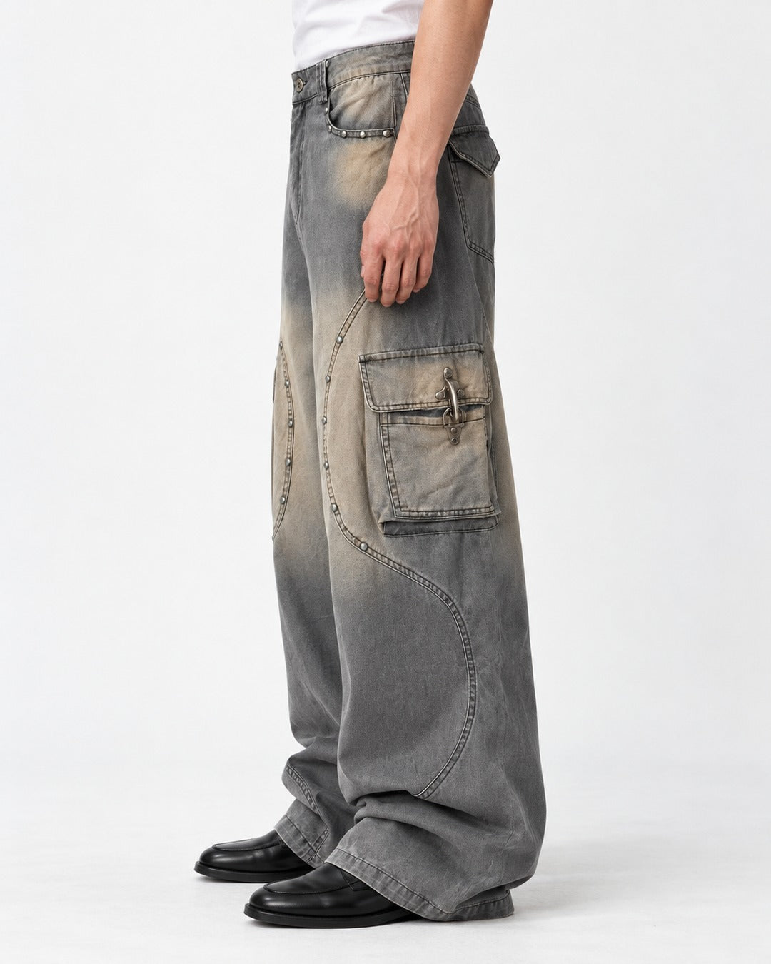 Studded Seam Faded Cargo Jeans