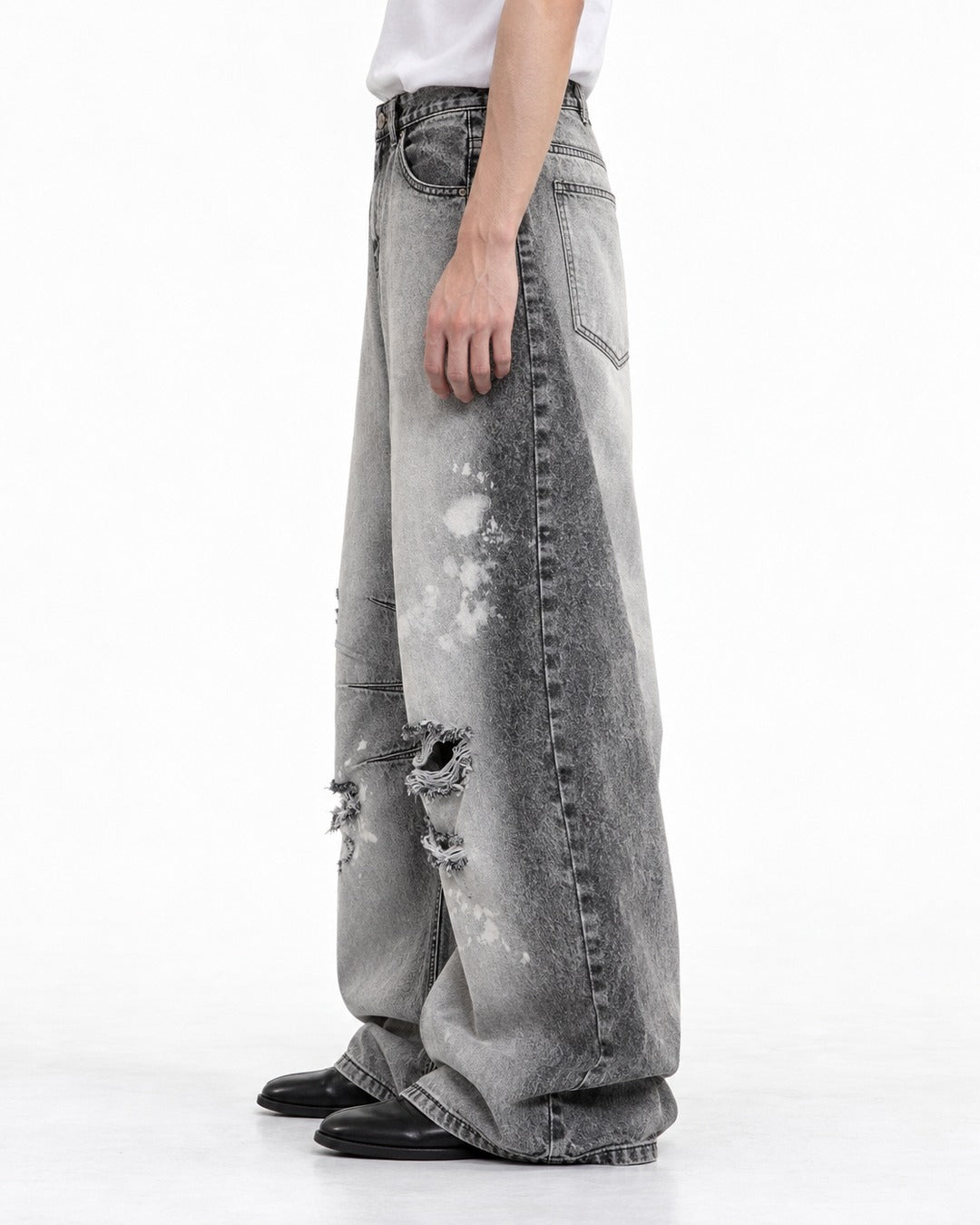 Gray Acid-Wash Ripped Wide-Leg Jeans
