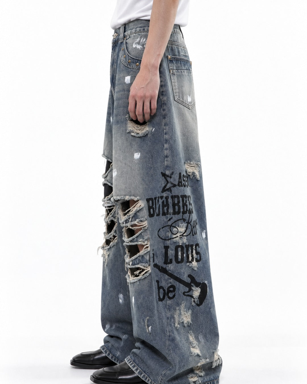 Letter Print Distressed Wide Leg Jeans