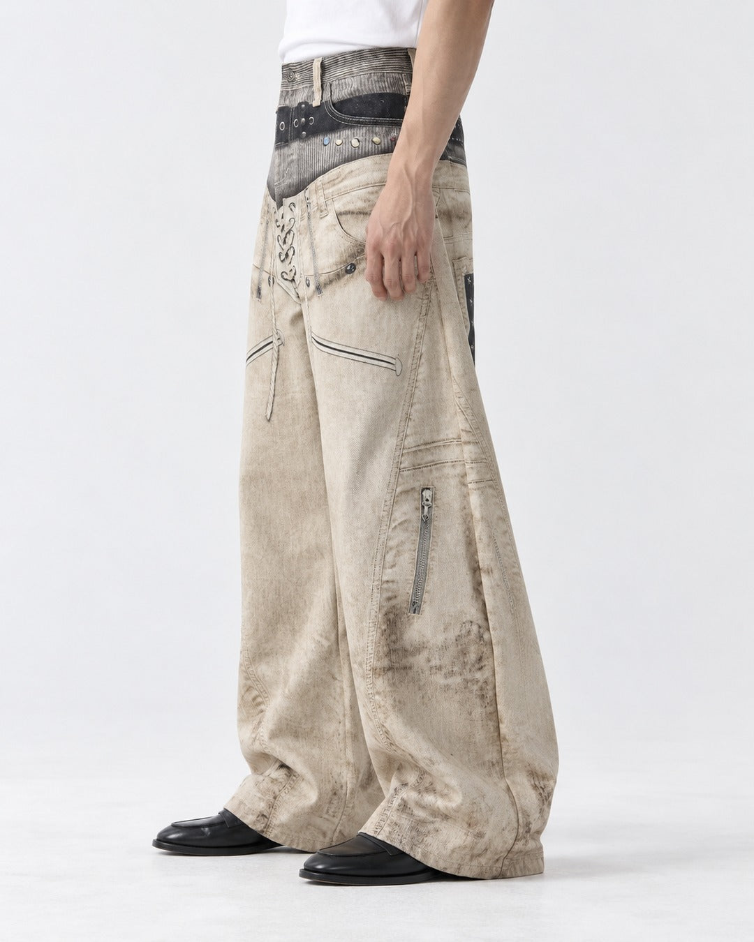 3D Double-Waistband Wide Pants