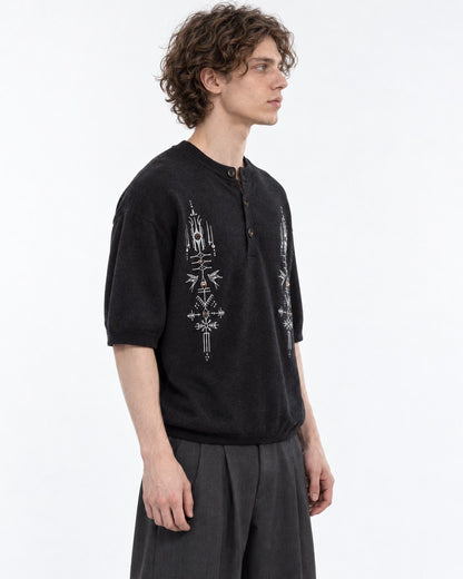 Embroidered Short-Sleeve Henley Knit Top