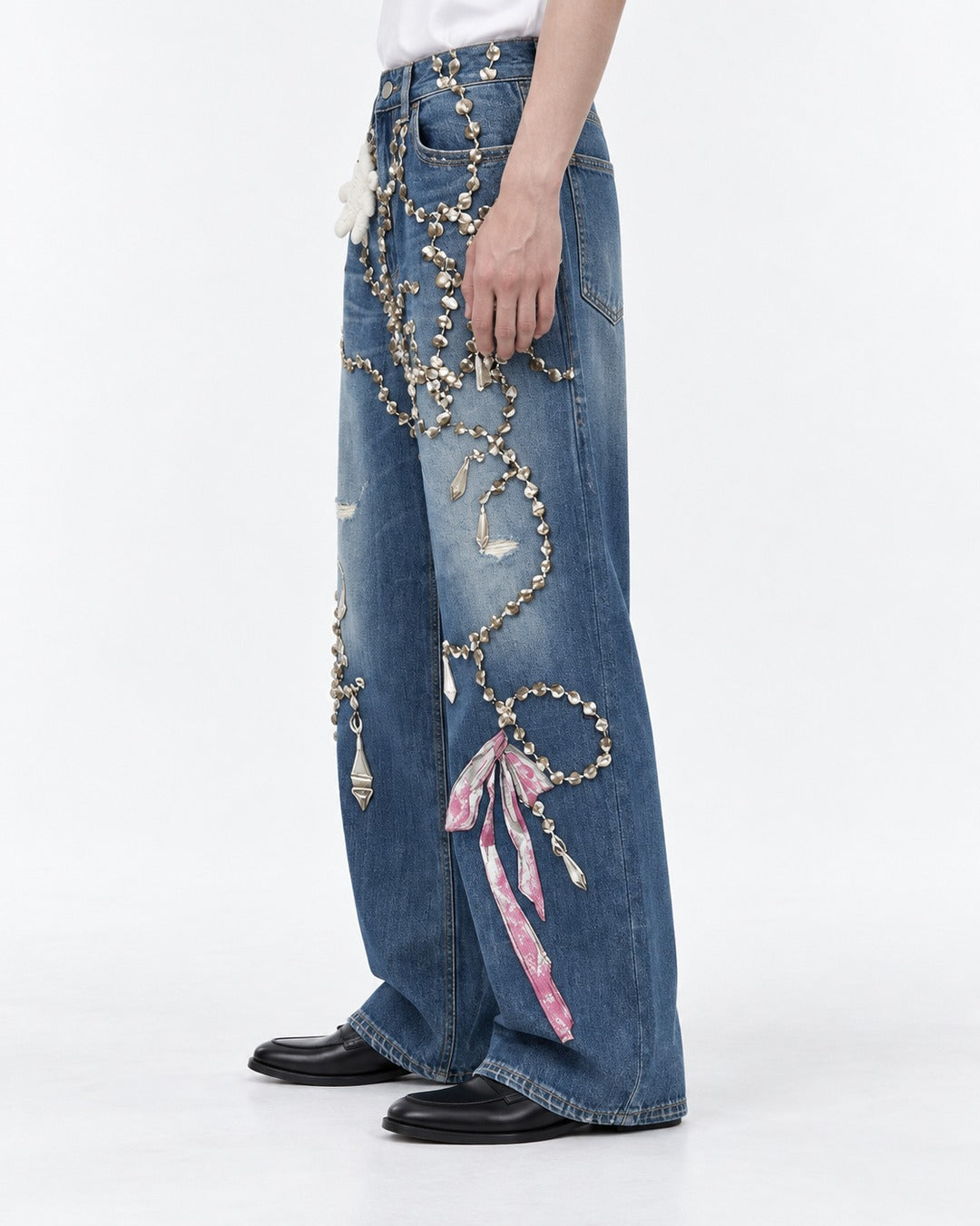 Chain Ribbon Embellished Jeans