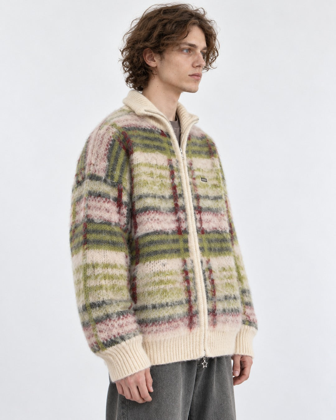 Mohair-Blend Plaid Zip Knit Jacket