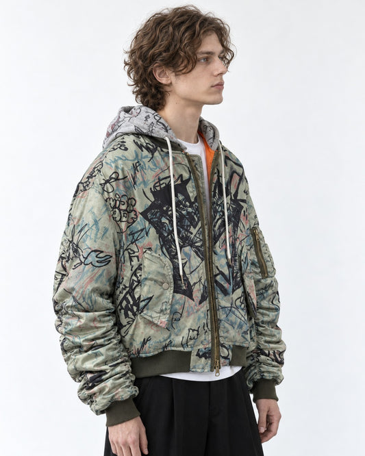 Graffiti Print Hooded Bomber Jacket