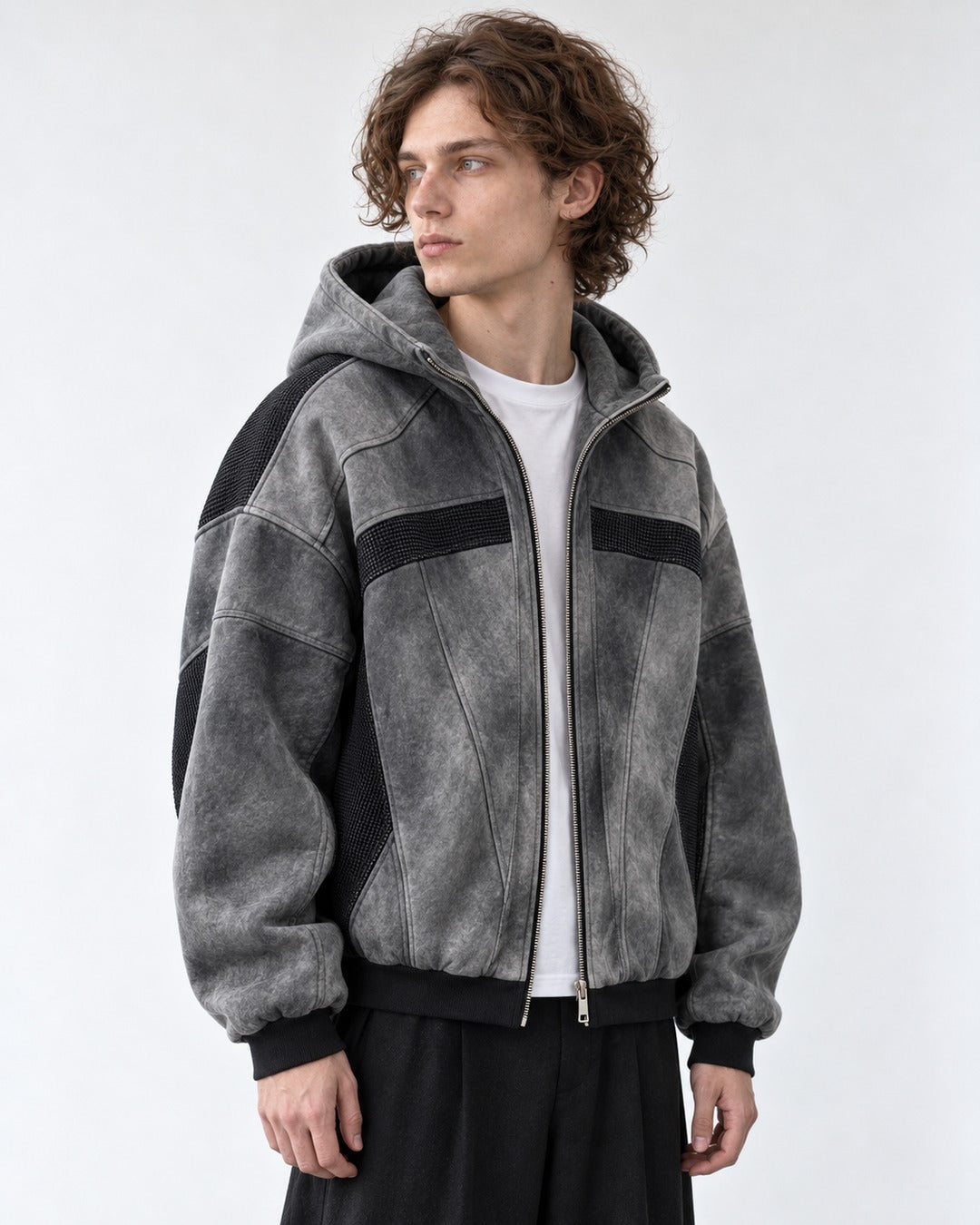 Washed Paneled Hooded Zip Jacket