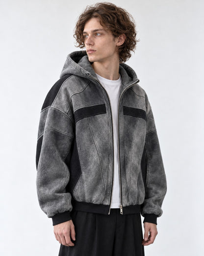 Washed Paneled Hooded Zip Jacket