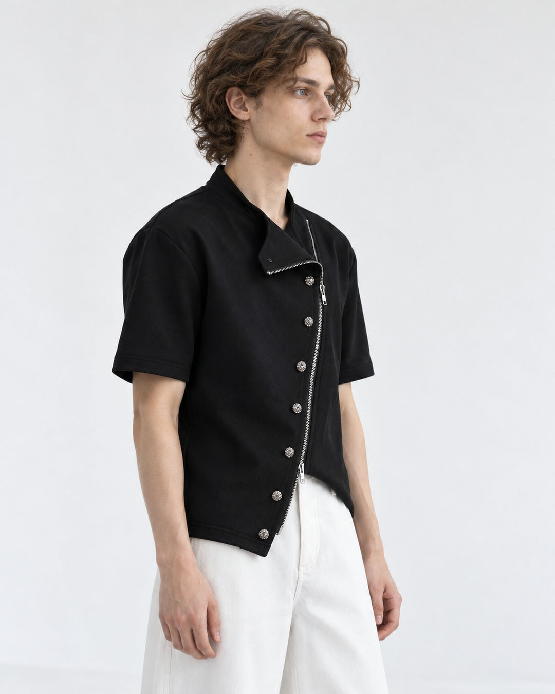 Diagonal Zip Stand Collar Top