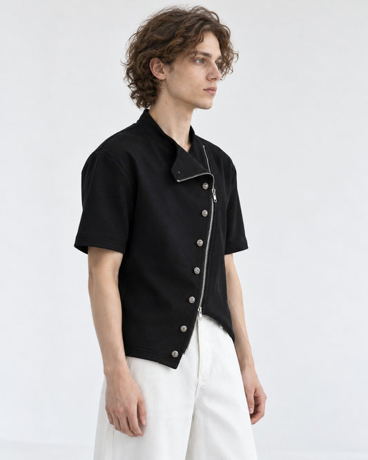 Diagonal Zip Stand Collar Top