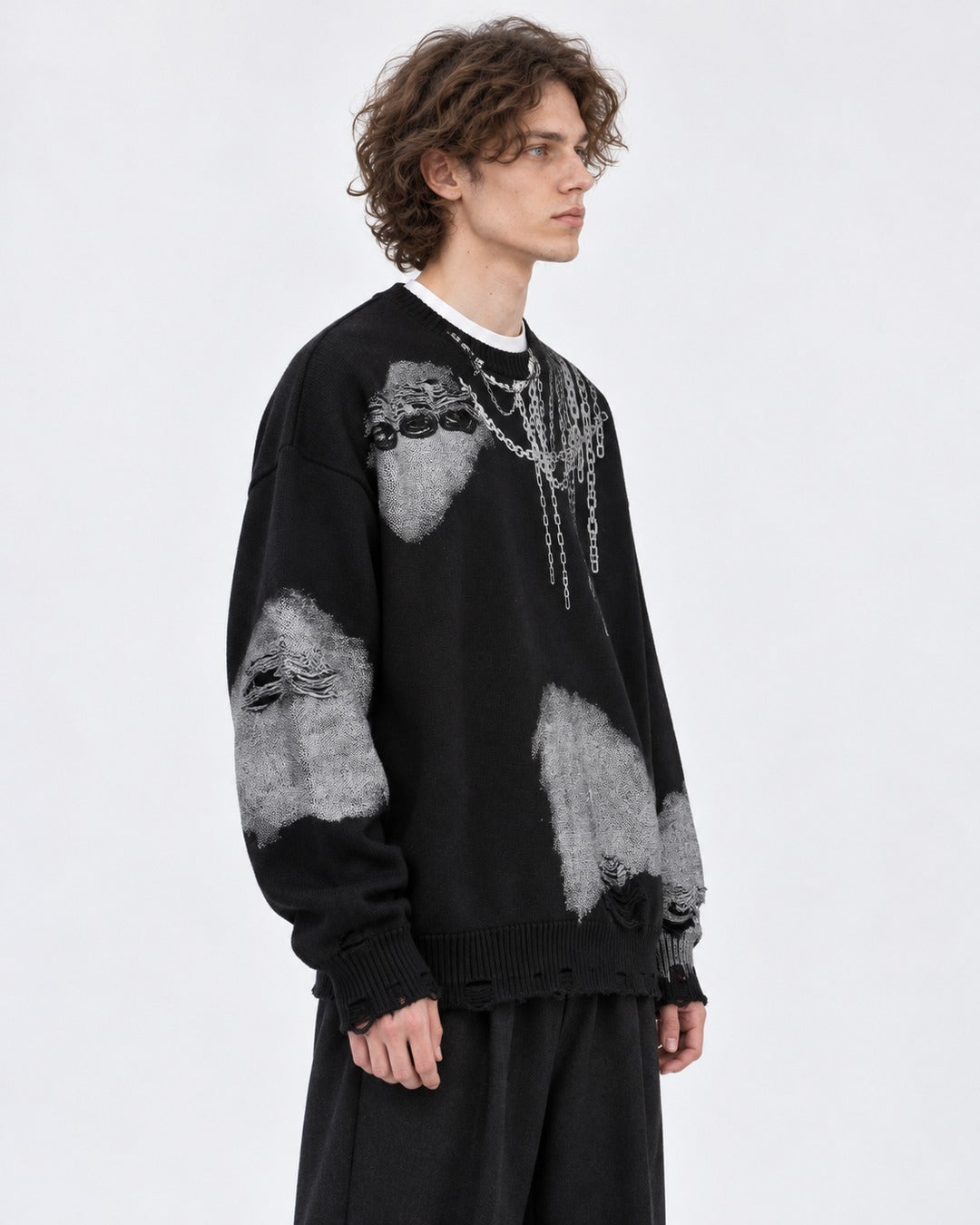 Chain-Print Distressed Sweater
