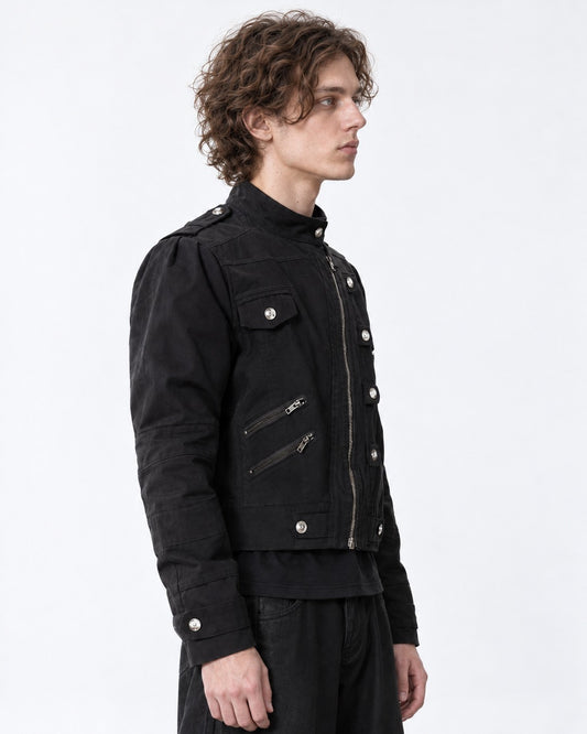 Studded Diagonal-Zip Stand Collar Jacket