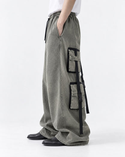 Washed Strap-Pocket Wide Cargo Pants
