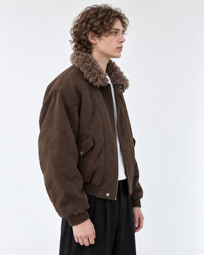 Shearling Collar Suede-Look Bomber Jacket