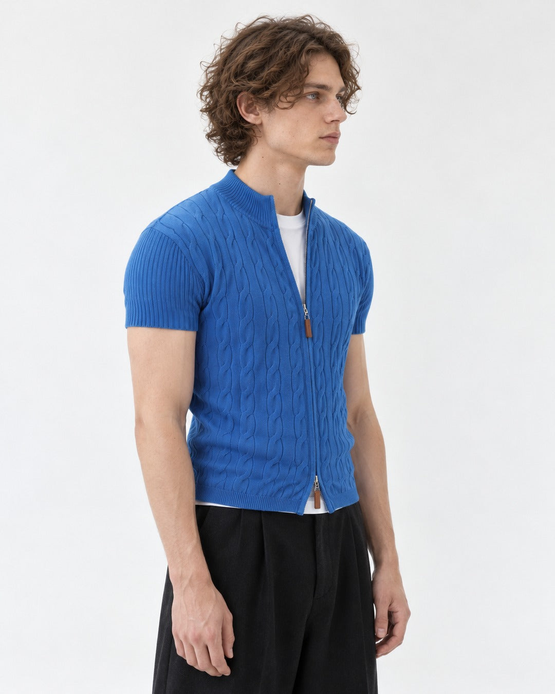 Cable-Knit Short-Sleeve Zip Cardigan