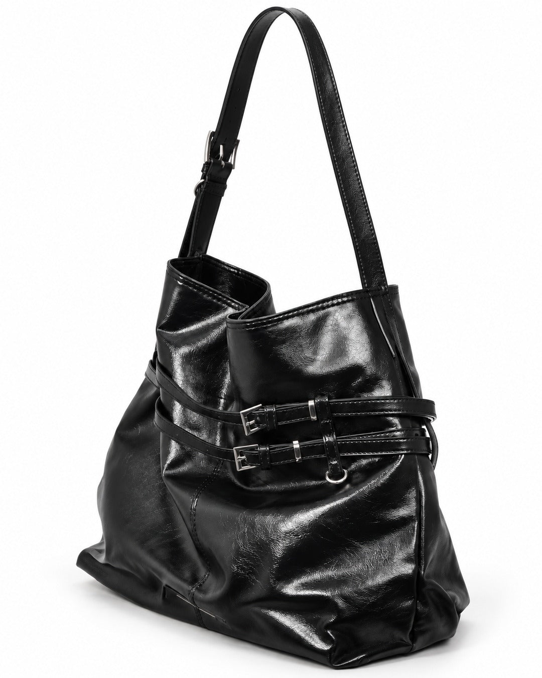 Glossy Black Buckle Strap Shoulder Bag