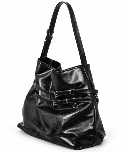 Glossy Black Buckle Strap Shoulder Bag