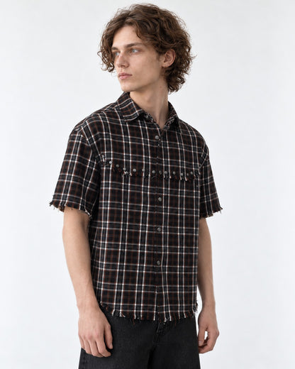 Studded Raw-Hem Plaid Shirt