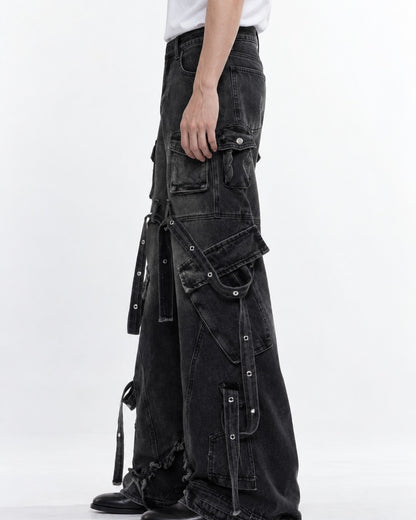 Strap Detail Frayed Hem Jeans