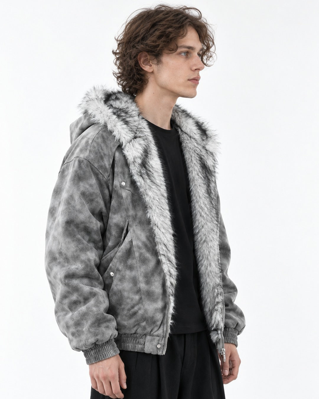 Mottled Grey Faux-Fur Lined Hooded Jacket