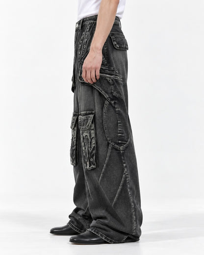 Eyelet Pocket Washed Black Cargo Jeans