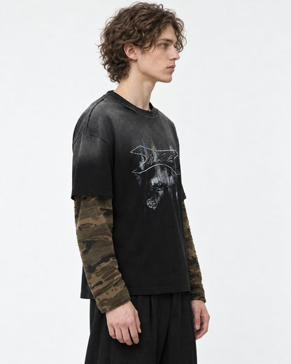 Camouflage Patchwork Gradient Wash Layered-Look T-Shirt