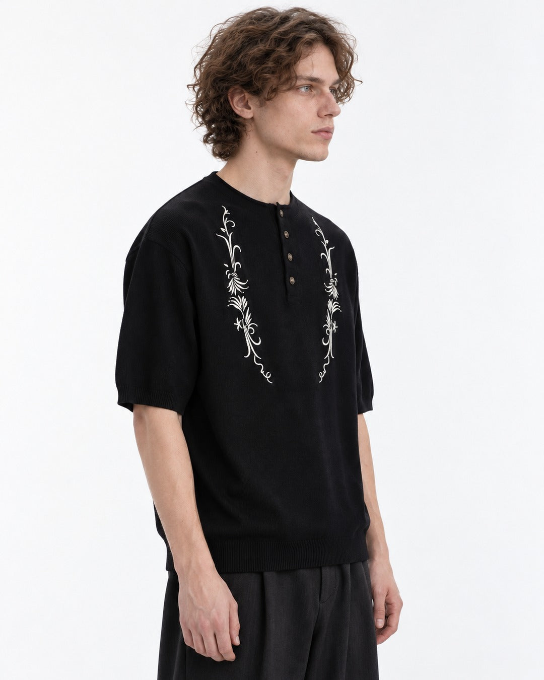 Vine Embroidered Henley Knit Top