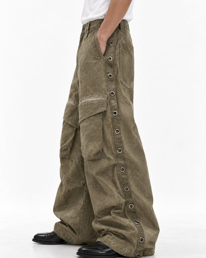 Eyelet Side Washed Wide-Leg Cargo Pants