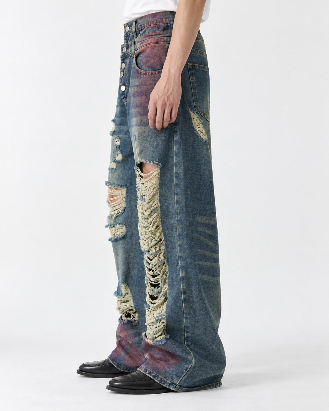 Distressed Double-Waistband Jeans