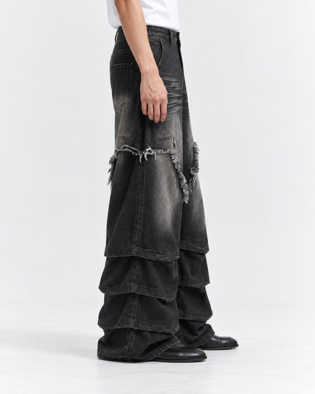 Fringed V-Seam Tiered Hem Jeans