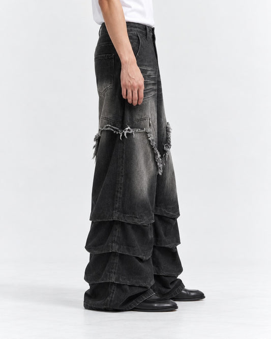 Fringed V-Seam Tiered Hem Jeans