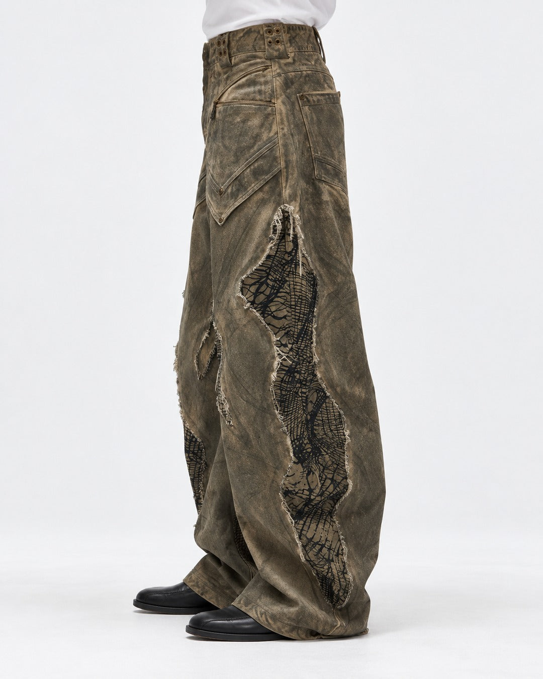 Mud-Dyed Mesh Patch Wide Pants