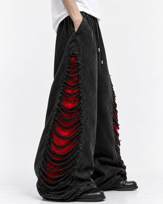 Slashed Red-Lined Wide-Leg Pants