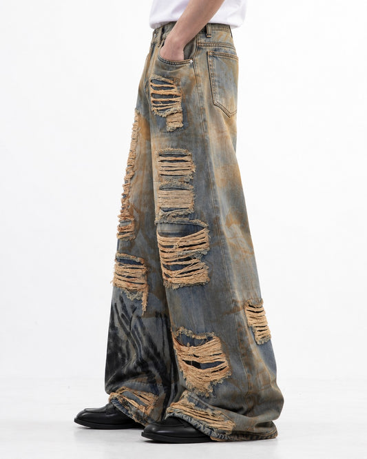 Heavily Distressed Wide-Leg Denim Pants
