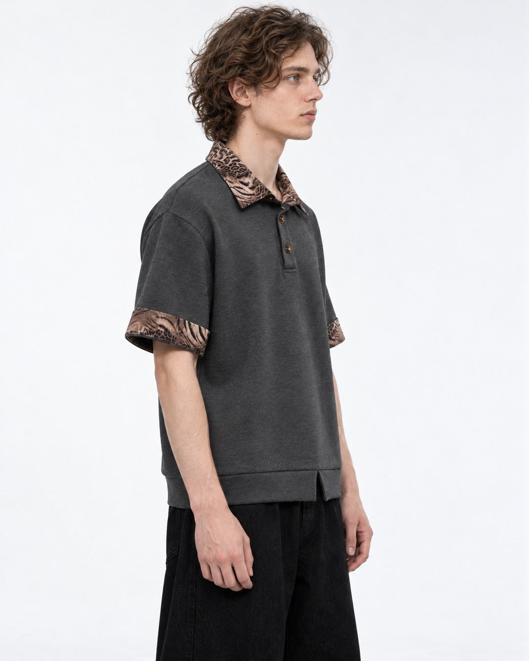 Leopard Print Collar Short Sleeve Polo Top