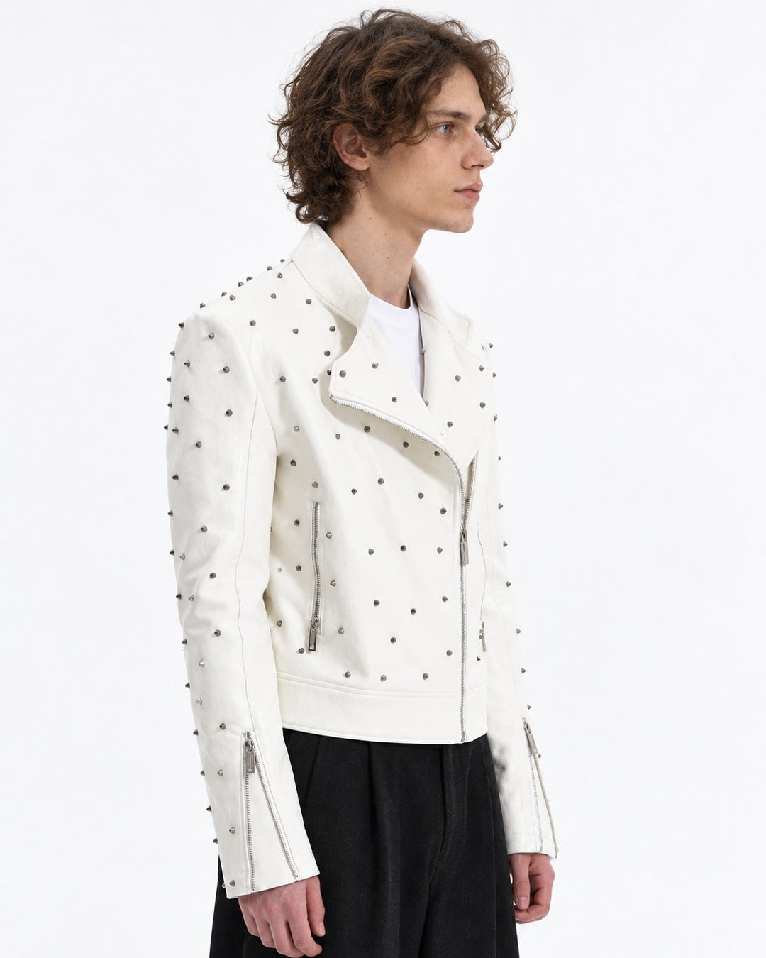 White Metal Rivet Biker Jacket