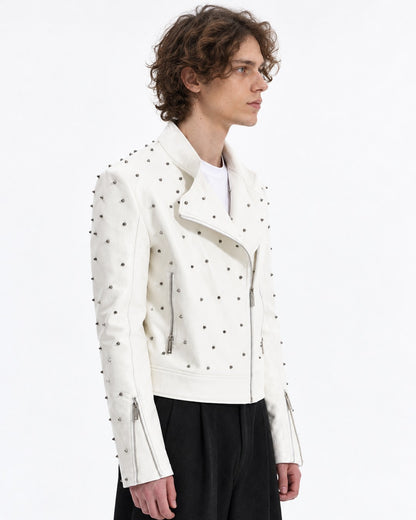 White Metal Rivet Biker Jacket