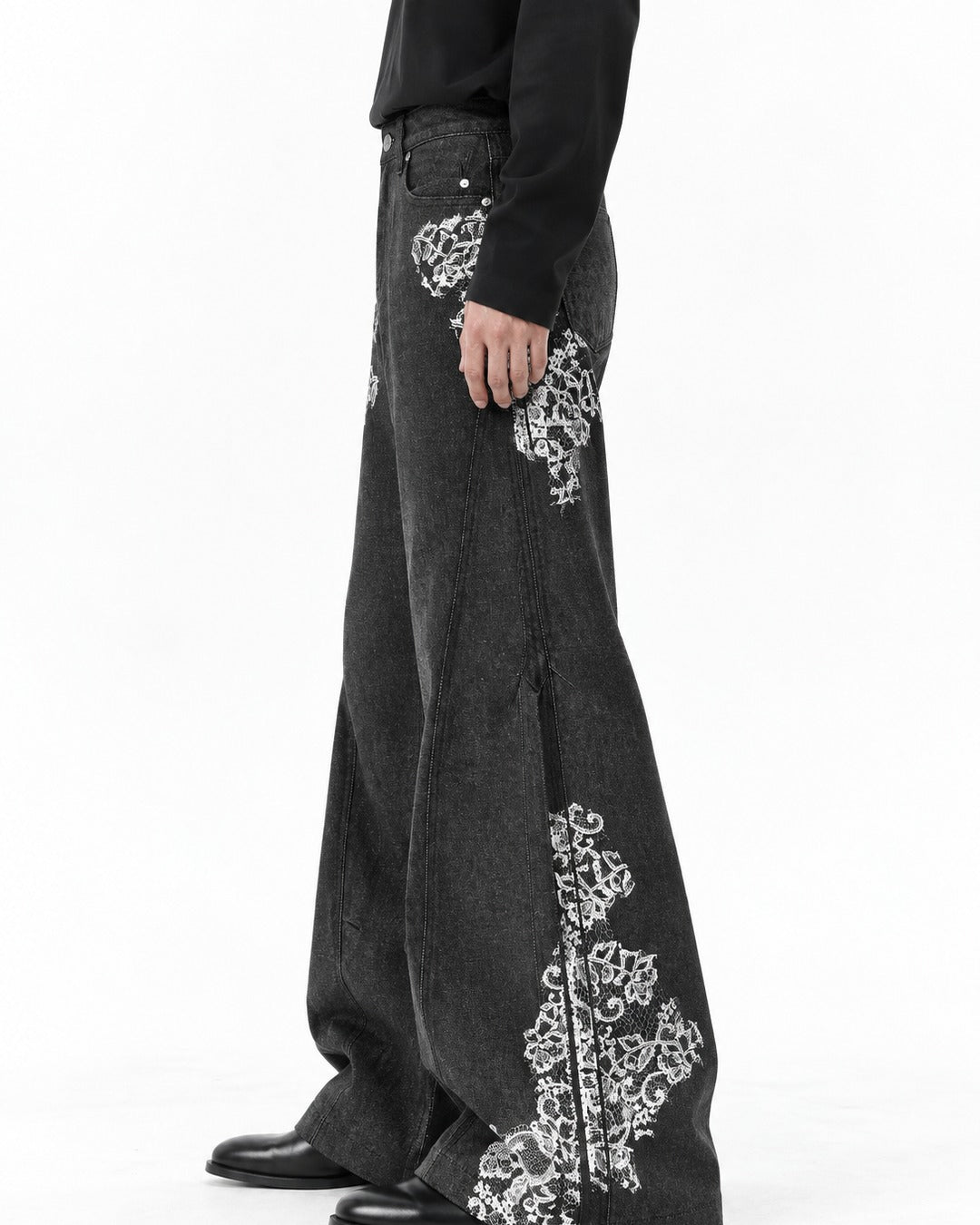 Lace-Print Black Wide-Leg Denim