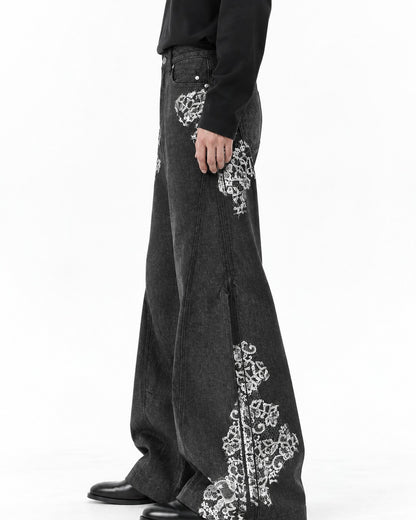 Lace-Print Black Wide-Leg Denim