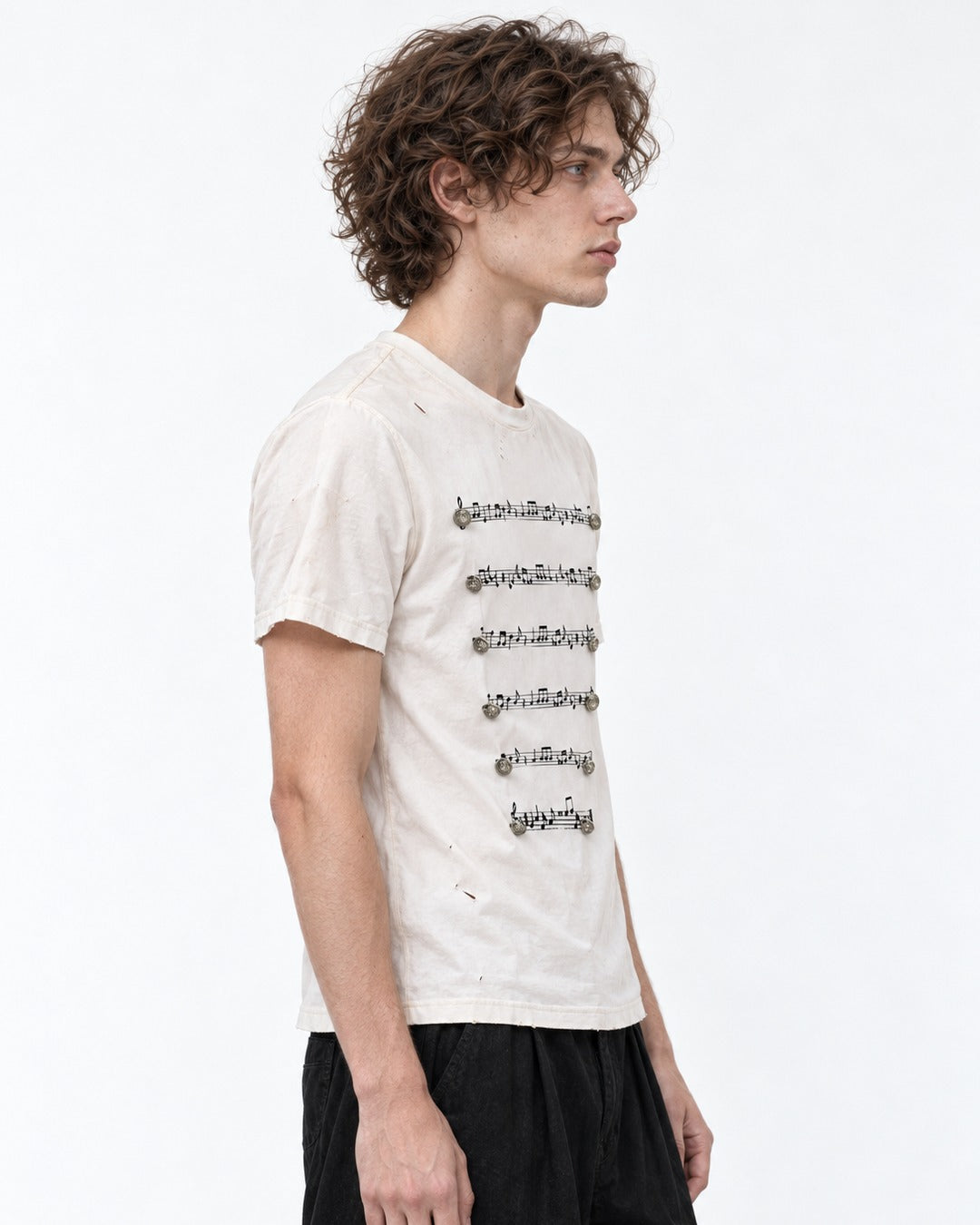 Musical Staff Print Distressed Tee with Metal Buttons
