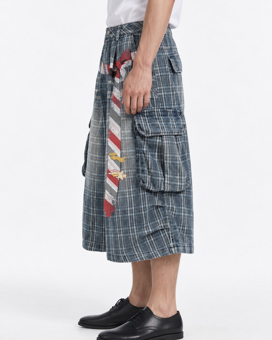 Washed Plaid Cargo Shorts with Tie Detail