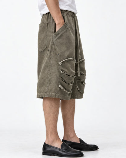 Raw Edge Knee Patch Drawstring Shorts